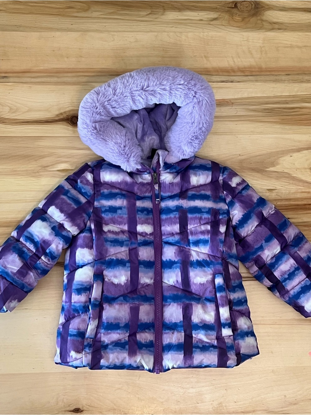 Snozu Girls' Purple Patterned Puffer Jacket with Faux Fur Hood